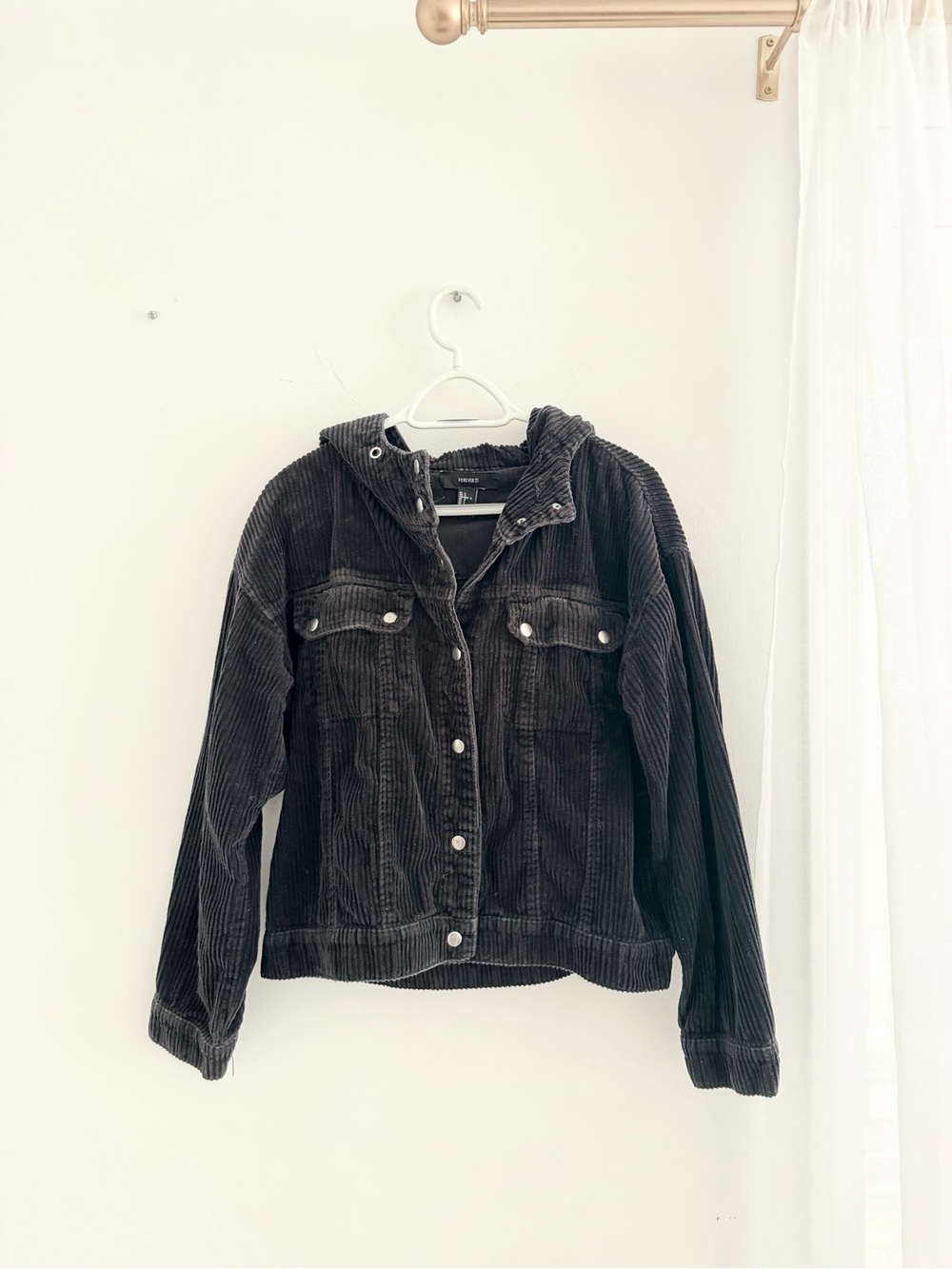 Corduroy Button-Up Hooded Jacket in Black